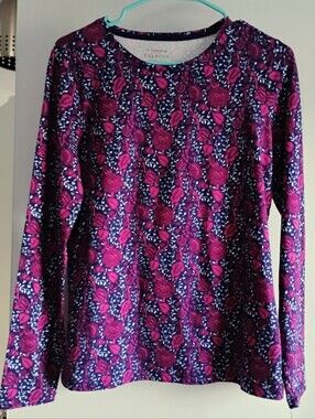 Talbots Floral Long-Sleeve Crewneck Top in Deep Magenta and Navy